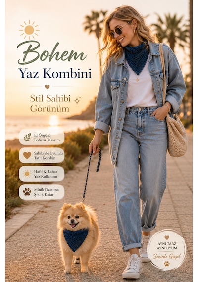 Kadın Ve Köpek Kombin Bandana El Örgüsü Bohem Stil Uyumlu Anne Köpek Bandanası Ayarlanabilir Tasarım Lacivert