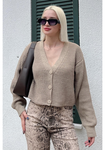 Madmext Vizon Uzun Kollu Düğmeli Crop Hırka Mg2198 VIZON