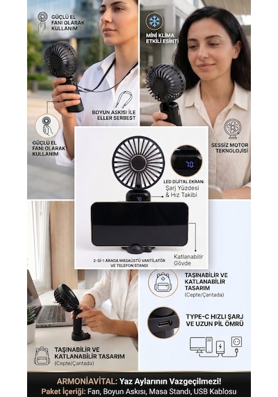Şarjlı Mini El Fanı Taşınabilir Katlanabilir Masaüstü Vantilatör Askılı Mini Klima Siyah