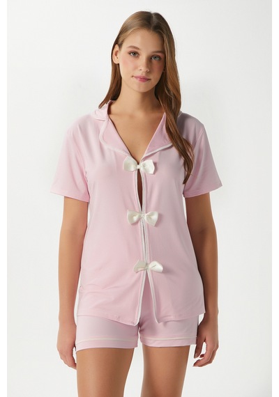 Ritnice Kadın Violet Pembe Şortlu Fiyonklu Alt Üst Pijama Takımı
