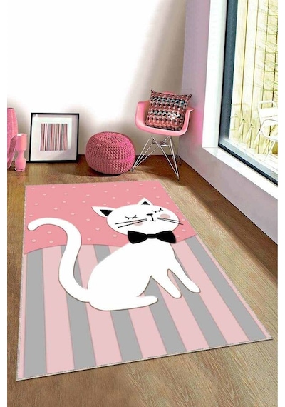 Pembe Kaymaz Tabanlı Yıkanabilir Kedili Çocuk Halısı Kd005n11