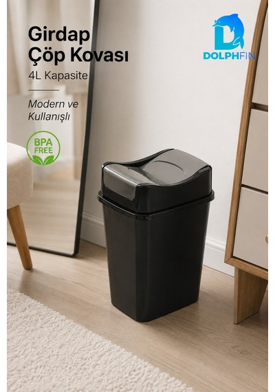 Girdap 4 Litre Sallanır Kapaklı Mini Çöp Kovası Banyo Mutfak Ofis Siyah Füme