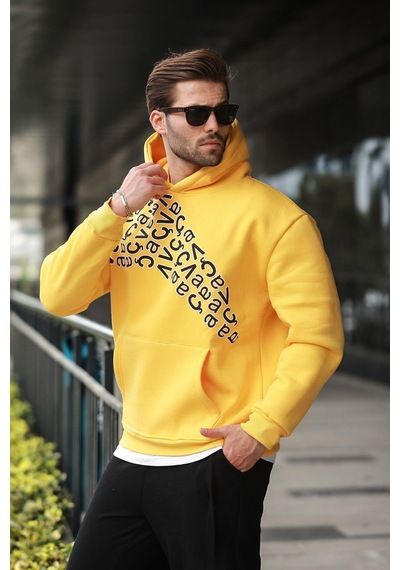 Madmext Sarı Baskılı Kapüşonlu Erkek Sweatshirt E7160 Sarı