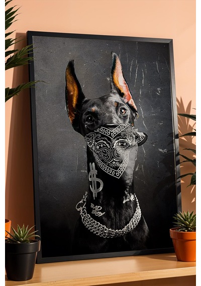 Bad Dog Çerçeveli Tablo Bandanalı Gangster Doberman Köpek Hip-hop Hayranlarına Hediye Modifiye Sanat