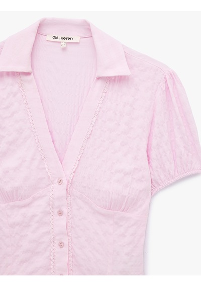 Koton V Yaka Balon Kollu Viskon Slim Fit Gömlek Pembe 6sal60236ıw Gül
