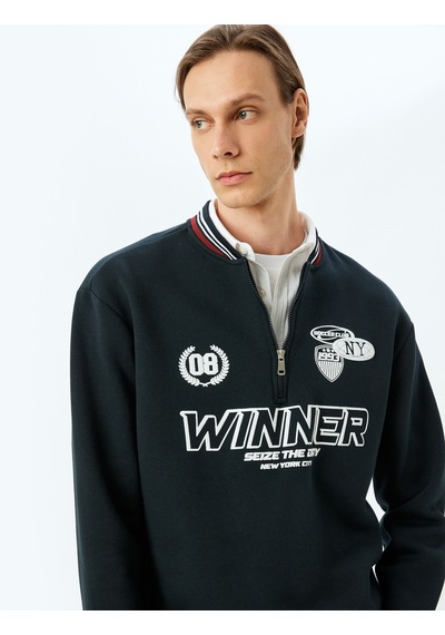 Koton Şardonlu Pamuk Karışımlı Slogan Baskılı Yarım Fermuarlı Sweatshirt Lacivert 5wam70180mk Lacivert