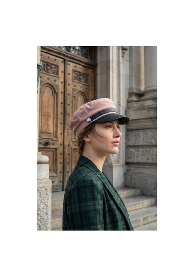 Emybox Kadın Süet Dokulu Deri Siperlikli Kaptan Şapka Vintage Kasket Şerit Detaylı Kışlık Ressam Şapkası Baker Boy Trend Aksesuar Pudra