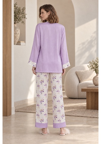 Loule Kadın Lila Dantel Braletli Sabahlıklı Saten Pijama Takımı
