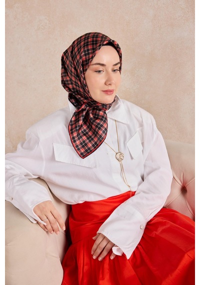 Silk Home Twill İpek Eşarp Ekose Kırmızı Çok Renkli