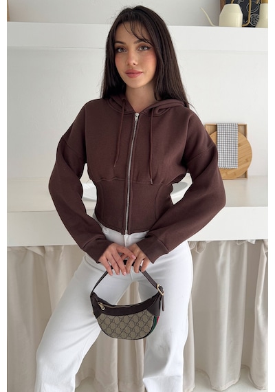 Kadın Siyah Fermuarlı Hoodie Minimal Sokak Ruhuyla Kahverengi