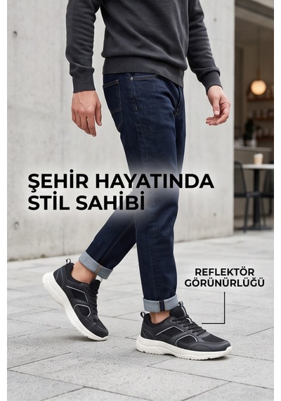 Liarca Reflektörlü Nefes Alan Sararmaz Taban Erkek Spor Yürüyüş Koşu Ayakkabısı Siyah Beyaz