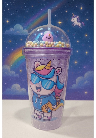 2 Li Set Işıklı Renkli Unicorn Figürlü Gece Lambası & Pipetli Boncuk Detaylı Suluk Bardak Mor 450 Ml Set