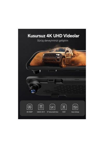 12" G840s 4k Ayna Dashcam, Ön & Arka Kamera, 5,8 Ghz Wifi, Ips Dokunmatik Ekran