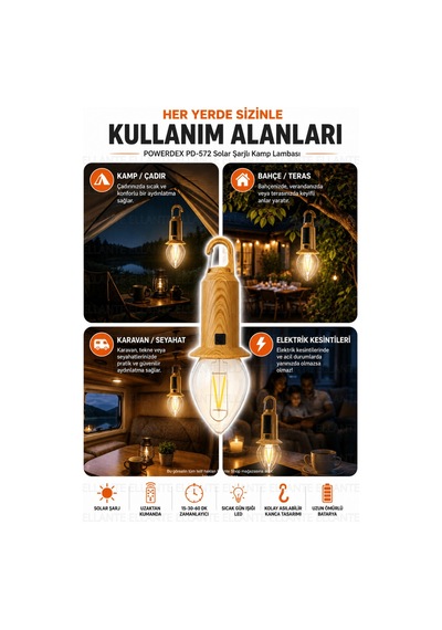 Solar Şarjlı Kamp Lambası Uzaktan Kumandalı 15-30-60 Dk Zamanlayıcı Sıcak Gün Işığı Led Askı Çok Renkli