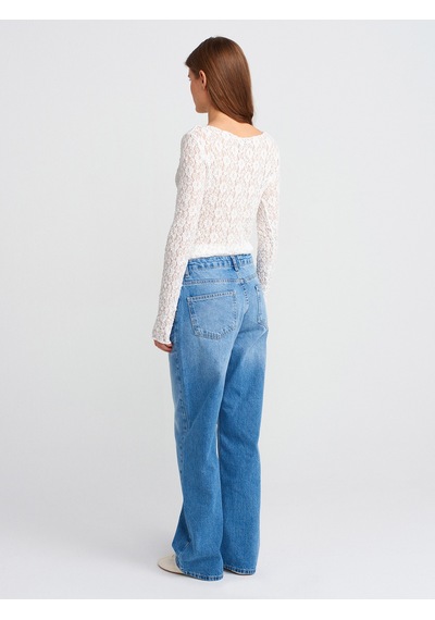 Dilvin 71790 Boru Paça Efektli Kumaş Denim Pantolon-mavi Mavi