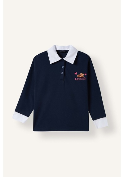 Defacto Regular Fıt Polo Yaka Slogan Baskılı Sweatshirt Kumaşı Uzun Kollu Polo Tişört Kız Çocuk I1642a826aunv244 Lacivert-nv244