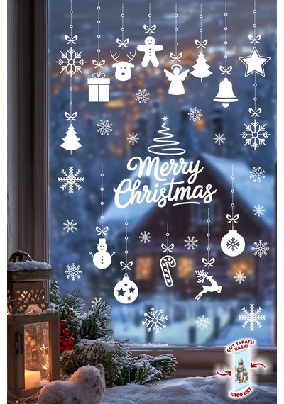 Yılbaşı Cam Süsü Sticker Seti Merry Christmas Çift Taraflı Baskı 42 Kar Tanesi Ve 34 Parça Figür Dijital Baskı