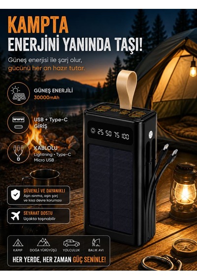 30000mah Güneş Enerjili Powerbank Lcd Ekran Usb Type-c Lightning Dahili Kablolu Taşınabilir Şarj Siyah