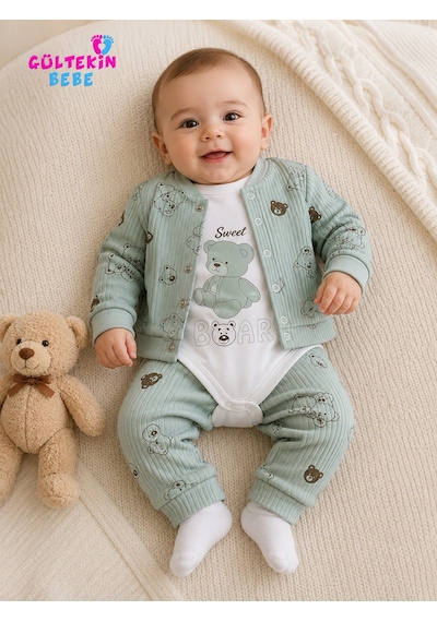 Agucuk Baby Oturan Ayıcık Baskılı Kapşonlu 3 Lü Takım 3-9 Aylık -ba467572232 - Su Yeşili