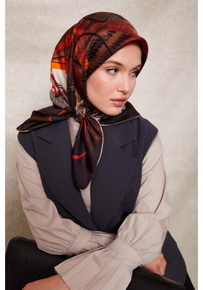 Levidor Karmaşık Desen Twill İpek Eşarp-0915 Koyu Kahve