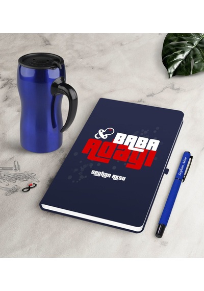 Kişiye Özel Baba Adayı Lacivert Defter Kalem Termos Mug Seti-3