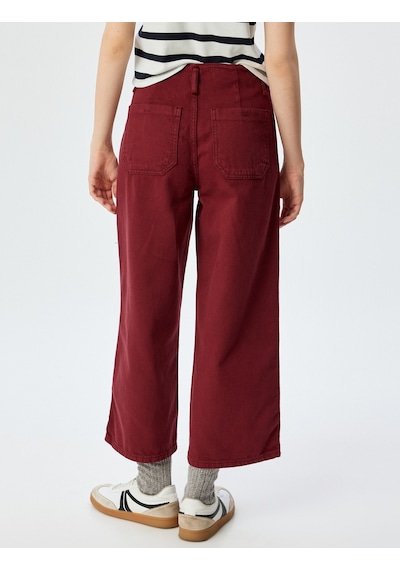 Koton Geniş Kısa Paça Pantolon Yüksek Bel Düğmeli - Wide Leg Jean Bordo 5wal40037mw Bordo