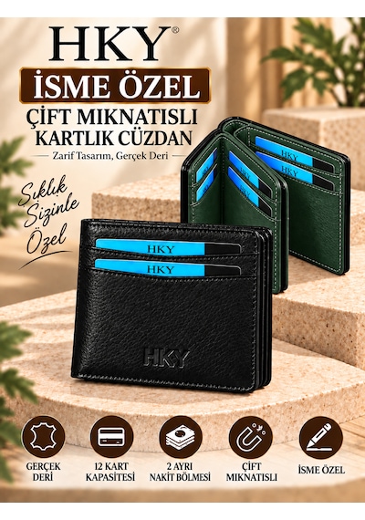 Hky İsme Özel Hakiki Deri Çift Mıknatıslı Erkek Cüzdan Kartlık Siyah - Yeşil