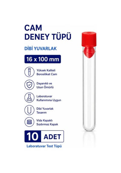 16x100 Mm Cam Deney Tüpü Dibi Yuvarlak Kapaklı 10 Adet Laboratuvar Test Tüpü