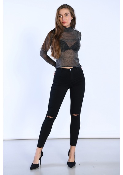 Siyah Yüksek Bel Arkadan Cepli Skinny Jeans-siyah Siyah