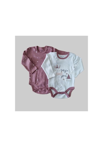 Mother Love %100 Organik 2'li Uzun Kol Bebek Body Pembe-Beyaz