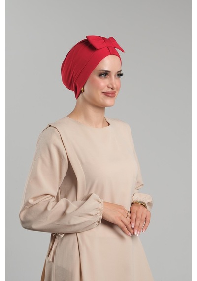 Hürrem Bone Kırmızı Pratik Hazır Geçmeli Fiyonklu Bone Sandy Çift Taraflı Çapraz 3007b 31 Kırmızı