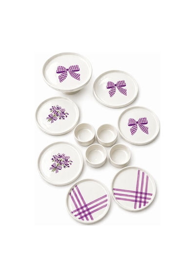Lila Gift 11 Parça 6 Kişilik Seramik Kahvaltı Takımı & Sunum Seti Lila Desenli Pasta Tabağı Seti Beyaz