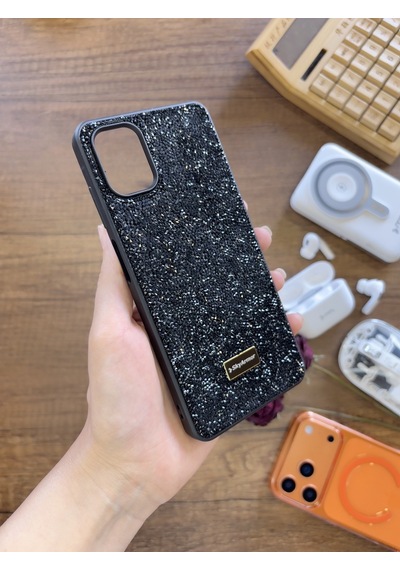 Samsung A06 Uyumlu Kadife İç Yüzey Tasarımlı Taşlı Işıltılı Parlak Pırlanta Kılıf Dia Plus Siyah