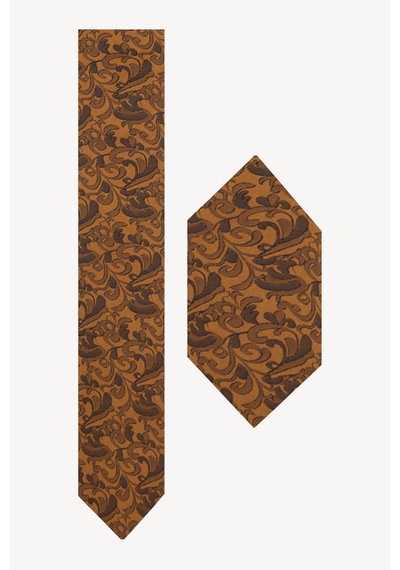Erkek Camel Karışık Desenli Kravat Mendil Set