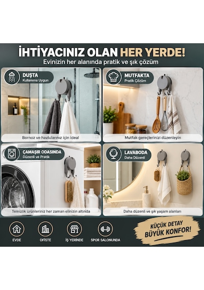 Vakumlu Havlu Bornoz Askısı 9 Kg Çift Kancalı Delmeden Montaj Banyo Mutfak Duvar Askısı Gri