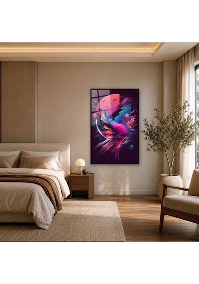 Mor Fantastik Kuş Ve Soyut Daireler Siyah Çerçeveli Cam Tablo
