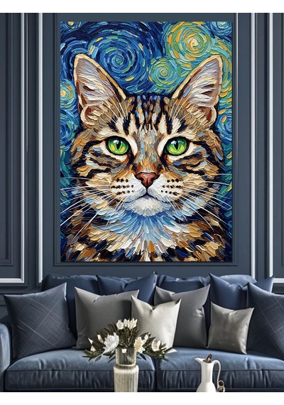 Ahşap Tablo Van Gogh Tarzı Kedi Çocuk Odası Tabloları