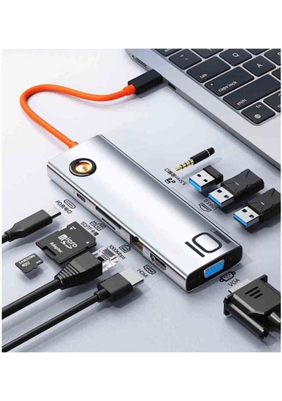 Tr30 10 In 1 Type-c To Hdmı Vga Audio Usb3.0x3 Sd/tf Lan Pd Çok Fonksiyonlu Dönüştürücü