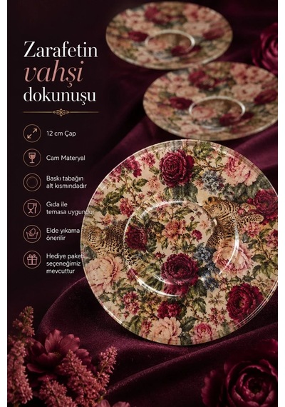 6 Lı Cam Çay Tabağı Gül Ve Leopar Desenli 12 Cm, 6 Adet Çay Tabak Kırmızı