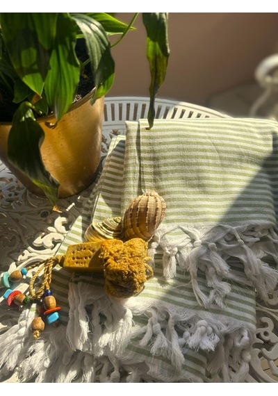 Ağcabay Denizli %100 Pamuklu 100x200cm Boho Stil Yeşil Çizgili Plaj Ve Havuz Peştemali, Şık Plaj Havlusu Açık Bej - Yeşil