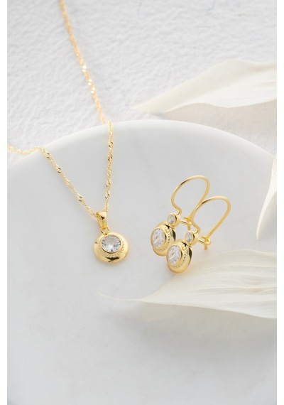 Nereze 925 Ayar Gümüş Burgu Zincirli Gold Tektaş Model Küpe ve Kolye Set