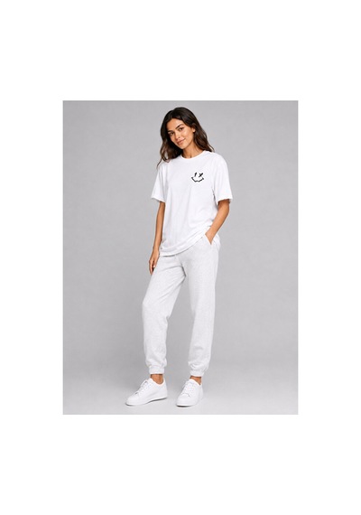 Nevermind Sevgili Kombini Smiley Baskılı Çift Tişört Oversize Unisex %100 P Beyaz