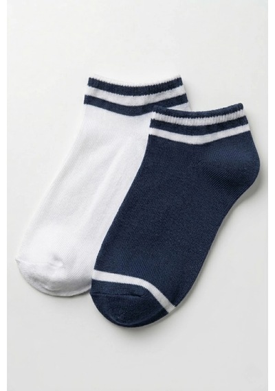 Cocole Socks Erkek Çocuk Patik Çorabı 2 Li Set Pamuklu Beyaz & Lacivert Çizgi Detaylı Çok Renkli