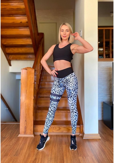 Lismina Bacağı Ve Beli Siyah Şeritli Leopar Desen Spor Tayt Mavi