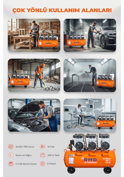 R.M.D Kompresör 100 Lt Hava Kompresörü Sessiz ve Yağsız 100Lt SH1100I3