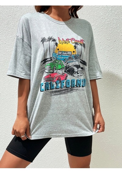 California Arabalar T-shirt - Gri Baskılı Oversize Bisiklet Yaka Kısa Kol Tişört Gri