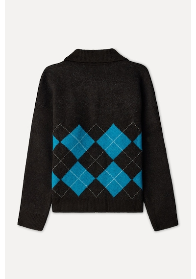 Mudo Kadın Kadın Kahverengi Baklava Desenli Loose Fit Polo Yaka Kazak 1271671 Koyu Kahve