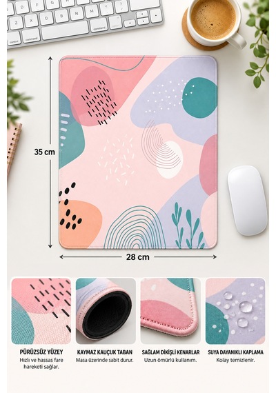 Pastel Soyut Tasarımlı Mousepad 28x35 Cm Kaymaz Tabanlı Dikişli Kenar Ofis Ve Masaüstü