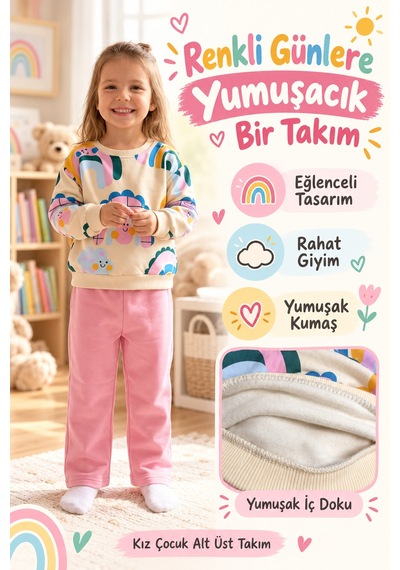 Ahengim Kız Çocuk Gökkuşağı Desenli Sweatshirt 2 Li Alt Üst Takım Ak15636 Pembe
