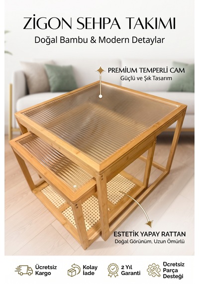 Robin Home Modern Doğal Bambu 2'li Kare Orta Sehpa Seti Temperli Camlı Ve Yapay Rattan Alt Raflı Zigon Bej Robin Home Modern Doğal Bambu 2'li Kare Orta Sehpa Seti Temperli Camlı Ve Yapay Rattan Alt Raflı Zigon Bej